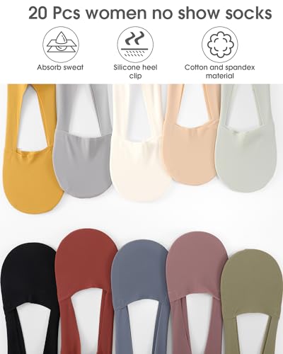 20 Pairs No Show Socks Womens for Flats Loafers Thin Low Cut Liner Non Slip Invisible Socks Size 5-92