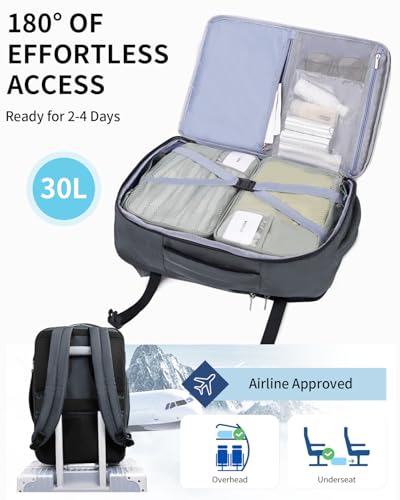 Image of ECOHUB Carry On Travel Backpack, Expandable Airlines Personal Item Bag 18x14x8, Water Resistant 17 inch Laptop Backpack Flight Approved, 12 Pockets 30L Work Backpacks with Wet Pocket Cable Slot, Grey