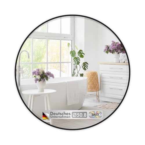 KARAT Miroir Mural Rond pour Salle de Bain et Chambre, avec Cadre en Alliage d'aluminium Noir Bella, Ø 50 cm, Verre trempé avec Film de sécurisé, Design élégant,...