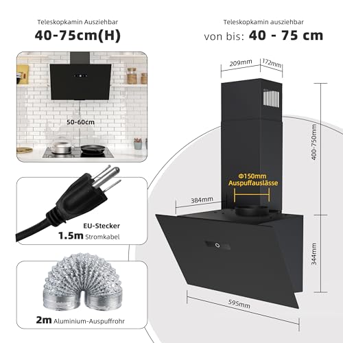 FIREGAS Dunstabzugshaube 60 cm mit Bürstenloser Motor, Schwarz Glas, 571m³/h Luftstrom, TouchControl, 9 Stufen, Umluft & Abluft, mit Gasdruckfeder, Kopffreie Wandhaube, Schwarz