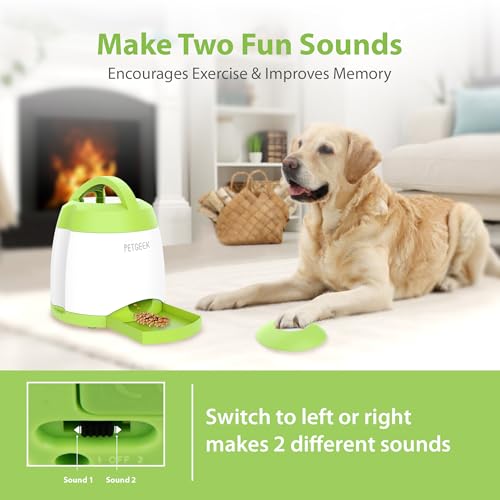 PETGEEK Dog Food Dispenser Toy, Interactive Pet Toys Treat Dispensing for IQ Training, Automatic Dog Treat Dispenser with Button Remote Push, Dual Power Supply for Indoor Outdoor Use, Green Color