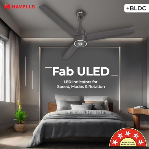 Havells FAB BLDC ULED Ceiling Fan 1200mm, 5 star, LED Speed Indicator, 380 RPM, Up to 65% Savings,Reverse Rotation,4 Speed Modes,Low Wattage 30W,Low Noise,Air Flow:225 CMM, 3 Year Warranty,Smoke Brown view 2