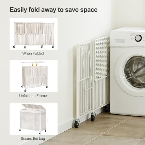 WOWLIVE Laundry Hamper with Wheels, 160L Handwoven Rolling Laundry Basket 3 Section with Lid, Clothes Hamper with 3 Removable Liner Bags, Large Laundry Sorter Laundry Room Organization, Creamy White by WOWLIVE - Image 7