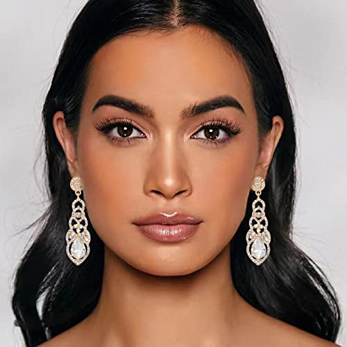 4 Pcs Elegant Rhinestone Gold Wedding Bridal Teardrop Dangle Earrings Bling Crystal Chandelier Dangling Earrings For Women Brides #TOP6