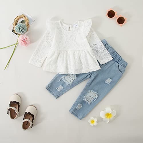 Image of CARETOO Girls Clothes Outfits, Cute Baby Girl Floral Long Sleeve Pant Set Flower Ruffle Top