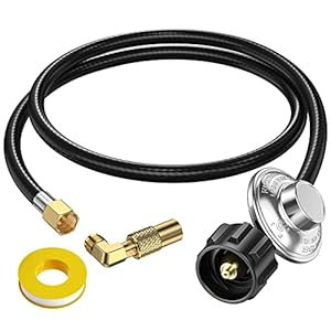 Alloxity 5ft Propane Hose with Regulator for Propane Fire Pit, Patio Heater, Gas Grill,Stove, 3/8 Inch Female Flare,with Elbow Adapter for Blackstone Griddle 17/22/28/36”, Regulator for 5-40 lb Tank
