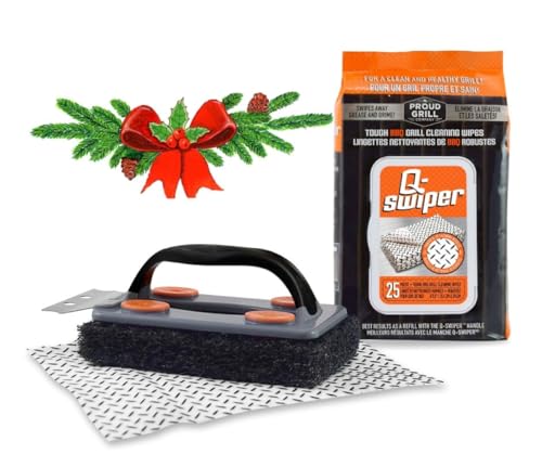 Proud Grill Q-Swiper BBQ Grill Cleaner Set - 1 Grill Brush with Scraper and 25 BBQ Grill Cleaning Wipes, Bristle-Free & Wire-Less, Safe Way to Remove Grease and Grime for A Clean and Healthy Grill