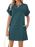 Famulily Womens Summer Short Sleeve Dresses Solid Pleated Mini Sundress Beach Holiday Clothes with Pockets Loose Maternity Dress Green XL