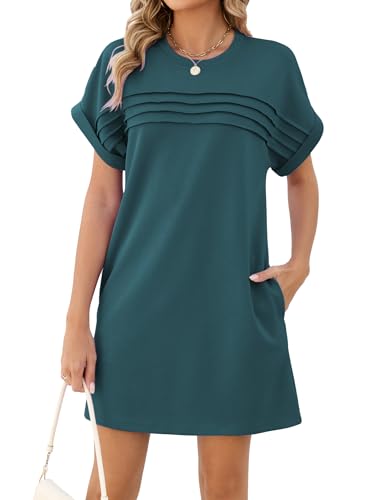 Image of Famulily Womens Summer Short Sleeve Dresses Solid Pleated Mini Sundress Beach Holiday Clothes with Pockets Wedding Guest Dress Green L
