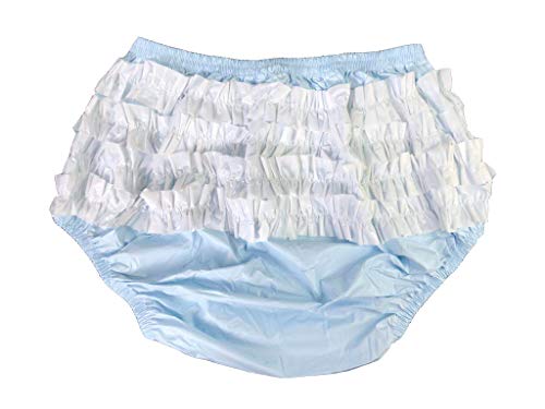 Haian Adult Frilly Plastic Rumba Incontinence Pull-on Plastic Pants with White PVC Frilly (Medium, Baby Blue)
