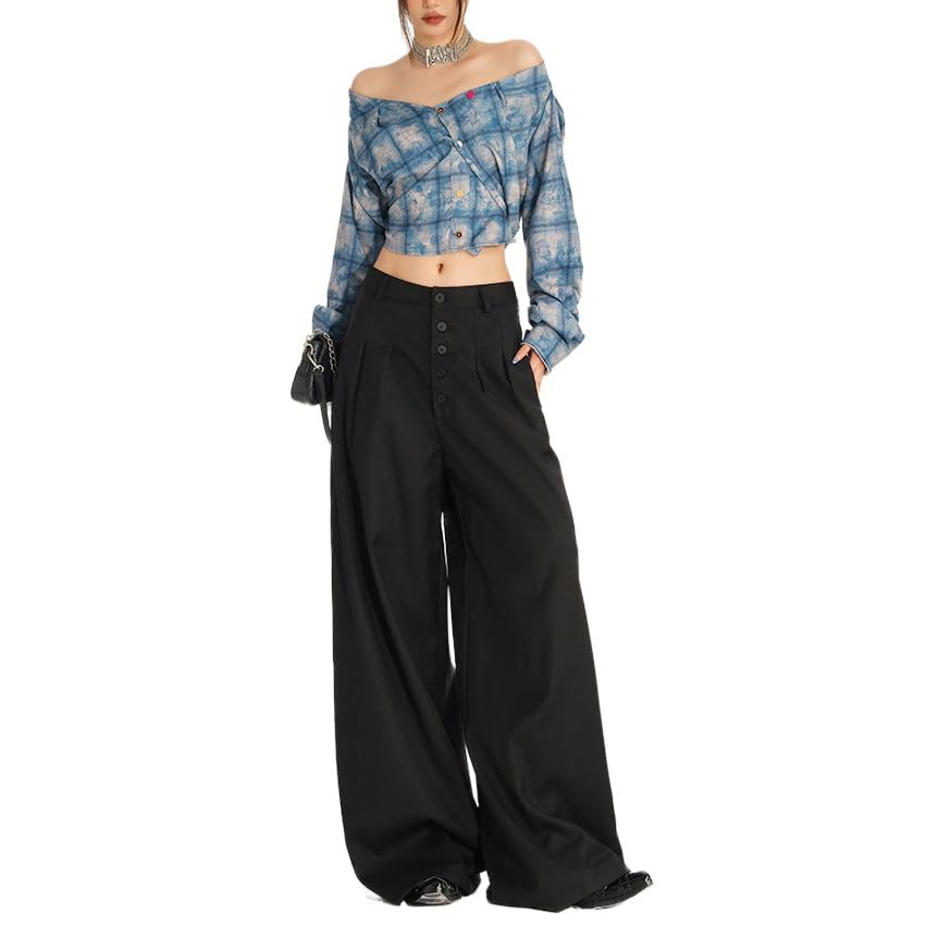 Pantaloni Da Donna A Vita Alta Con Bottoni, Casual, Gamba Larga, Eleganti Da Lavoro, Fluidi E Plissettati