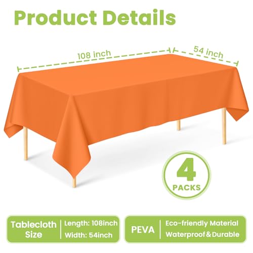 Image of Mulbozy Orange Plastic Table Cloth Disposable 4 Pack, 54 x 108 Inch Tablecloths Rectangle, Orange Plastic Table Cover for Party Decor