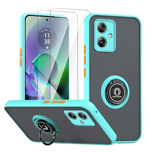 Cover per Motorola Moto G54 5G Blu con anello Stand Case+2 x protezione dello schermo in vetro temperato PC+TPU antiurto antigraffio telefono Custodia