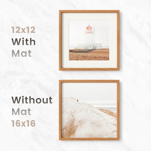 Image of 16x16 Picture Frame, USA-Sourced Natural Cherry Wood Photo Collage Frame with HD Tempered Glass, Modern Simple 16 x 16 Wooden Frame Matted to 12x12, Gallery Wall Frames for Art