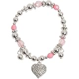 Sweet Little Girl Silver Tone Heart Pink Crystal Charm Bracelet