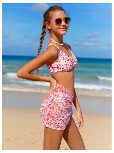 Image of OYOANGLE Girl's 3 Piece Bikini Sets Floral Print Spaghetti Straps Cute Swimsuits with Beach Skirt Bathing Suits