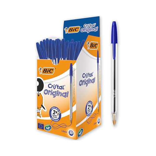 BIC Cristal Original Ball Point Pen - Pack of 50 Pens - Medium Point (1.0 mm) - Blue Ink, r.blue, 1 count (Pack of 50)