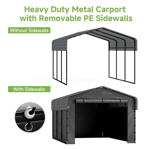 Image of Real Relax 10x15ft Heavy Duty Metal Carport with Galvanized Steel Roof, Removable Sidewalls, Outdoor Car Port Shelter for Cars, Trucks and Boats, Gray