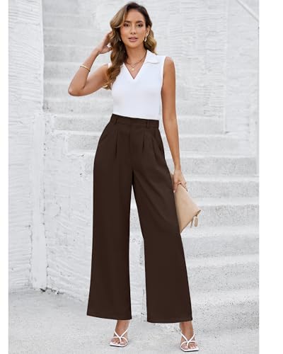 LookbookStore Wide Leg Dress Pants Woman High Waisted Business Casual Pleated Trousers Pants Loose Fit Elastic Waist4