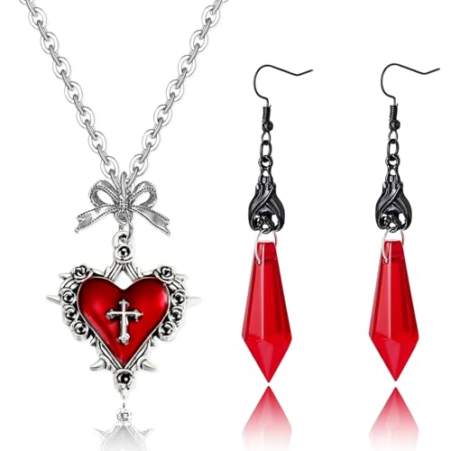 Gothic Bat Earrings and Vampire Necklace Set, Vampire Accessories Women, Halloween Jewelry with Choker, Black Dark Red Heart Pendant Costume Jewelry, Goth Witch Gift Collection.