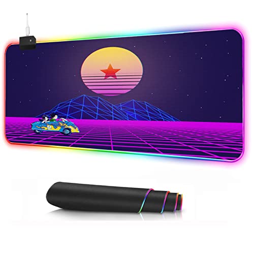 Retro Sun and Mountains Pink RGB Gaming Mouse Pad 36x16 inches XXL Large Keyboard LED Mousepad,Waterproof Cloth Surface Optimized for Precision,Durable Stitched Anti-Fray Edges-300X700mm
