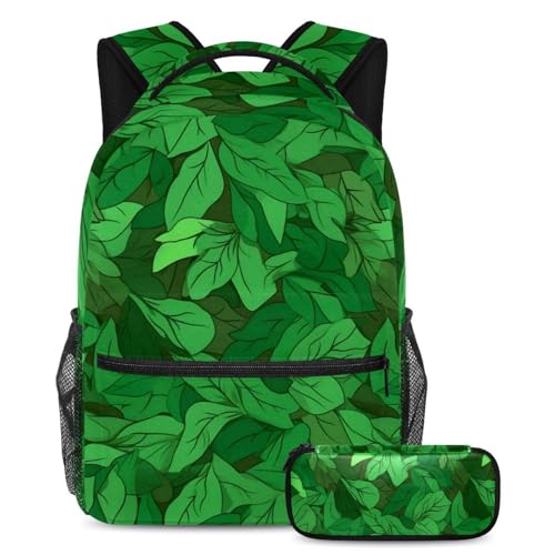 Sac à dos avec trousse à crayons grand volume sac d'école ergonomique feuilles vertes