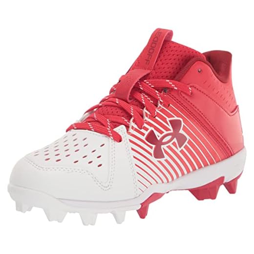 Under Armour Boy's Leadoff Mid Junior Rubber Molded Baseball Cleat Shoe, Red, 12 Little Kid