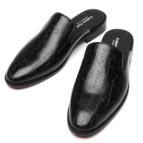 Image of Men's Loafers Backless Genuine Leather Brand Logo Embossed on The Upper Tabacco Mules Black Shoes US 10.5
