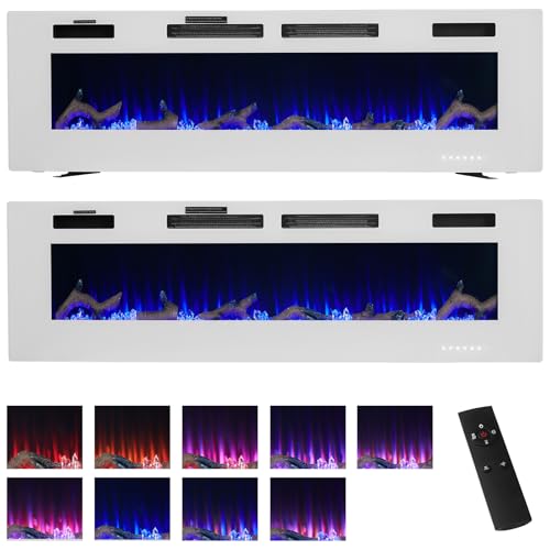 BSTSEL 50"/60" Electric Fireplace, 750W- 1500W Heater, Freestanding, Wall Mounted, Recessed, Fire Places, 12 Colours Flame Effect with Logs, Over Heat Protection (White, 50 inch)