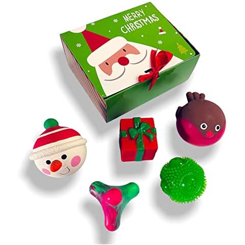 PETSLA Dog Christmas Toys Holiday 5 pcs Gift Set Bundle– Dog Chew Toys Dog Christmas Latex Dog Squeaky Toys, Dog Ball and Rubber Jack High Bounce Agility Training Toy Cover