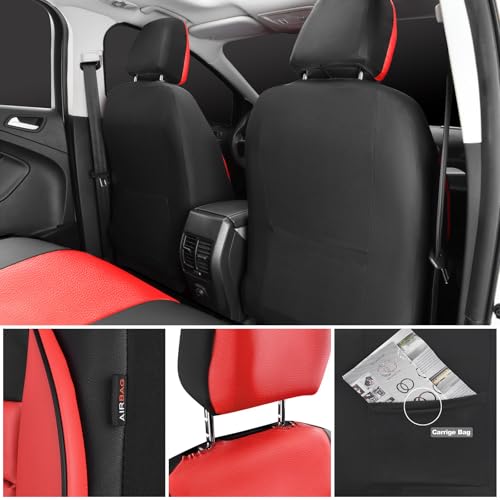 Image of CAR PASS Leather Car Seat Covers Front Seats Only, Universal Fit Automotive Interior Waterproof 3D Foam Back Support Car Seat Covers for Trucks Vans and SUVs Airbag Compatible 2 Pieces （Black Red