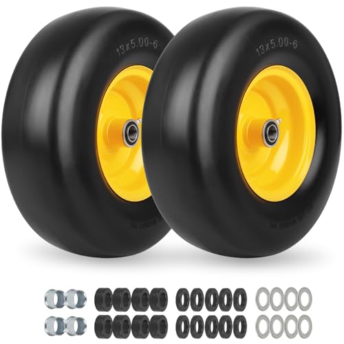 GICOOL 2-Pack 13x5.00-6 Flat Free Lawn Mower Tire and Wheel Assembly 13 Solid Smooth Tread PU Tire with 3/4 or 5/8 Bearing 3.25-5.9 Adjustable Centered Hub for Zero Turn Mowers