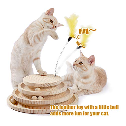 PEQULTI Premium Cat Track, Wooden Ball Turntable Cat Toy, 3-Layer Circle Ball Track with Feather Stick