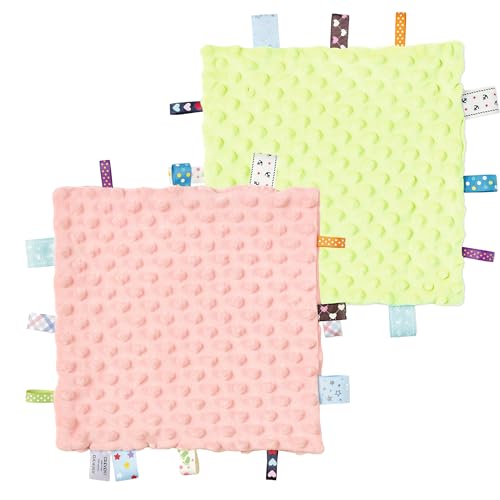 Image of CREVENT Security Blanket for Babies, Soft Baby Lovey Comforter, Sensory Plush Blanket for Baby Girls, Calming Sleep Companion, 10 inch x 10 inch 2pcs