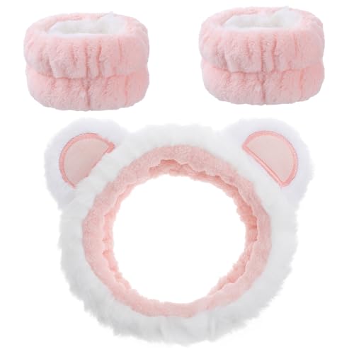 DOPENSPI Lot de 3 bandeaux de lavage du visage avec serviettes de poignet, élastiques doux et élastiques avec oreilles d'ours pour le spa, le lavage du visage, le maquillage, les soins de la peau, le