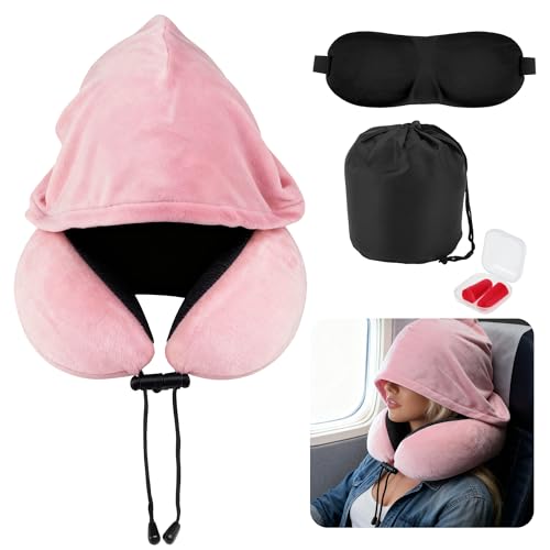 Almohada de viaje espuma viscoelástica con capucha rosa miniatura 1