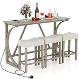 COSTWAY 4 Piece Bar Table Set with Power Outlet, Counter Height Kitchen Table and 3 Upholstered Saddle Stools Set, Dining Room Furniture for Home Restaurant Pub