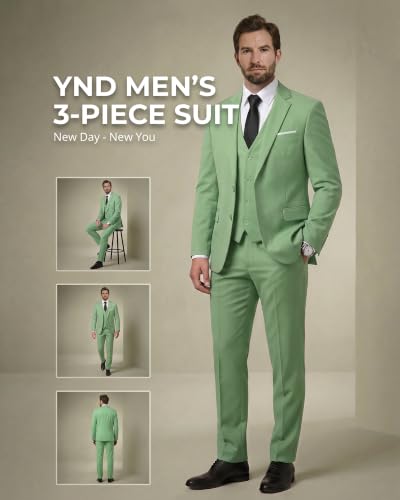 Image of YND Men's 3 Piece Suit with Tie, Solid Color Slim Fit Jacket Vest and Pants
