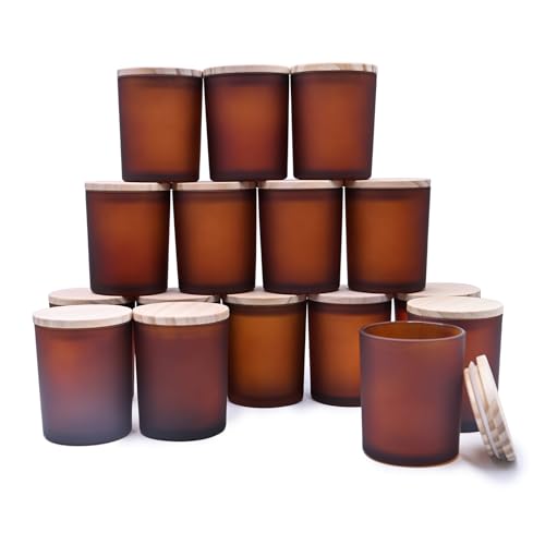 SHOWIN Thick Candle Jars for Making Candles 16 Pcs, 7 OZ Empty Jars with Wood Lids for Candle Making, Sample Container, Frosted Brown
