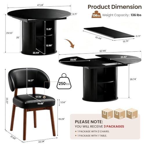 Image of MALOL 47 inch-63 inch Extendable Round to Oval Dining Table Chairs Set for 4-8, Modern Wooden Kitchen Table and Chairs with Hidden Storage and Fluted Design for Dining Room /Small Space(Black)