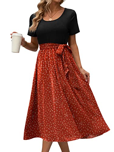 Db Moon Womens 2023 Summer Casual Short Sleeve Midi Dress Tie Waist Work Teacher Outfits Dresses L, Wine Red Floral #TOP4