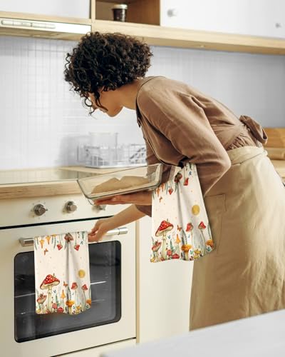 Image of Miss Adola 150GSM Flour Sack Kitchen Towels Set of 2, Mushroom Moon | 18 inchx26 inch, Lightweight, Lint-Free, Pure Cotton, Decorative, with Hanging Loop, Absorbent, Softer after Wash, Giftable Package