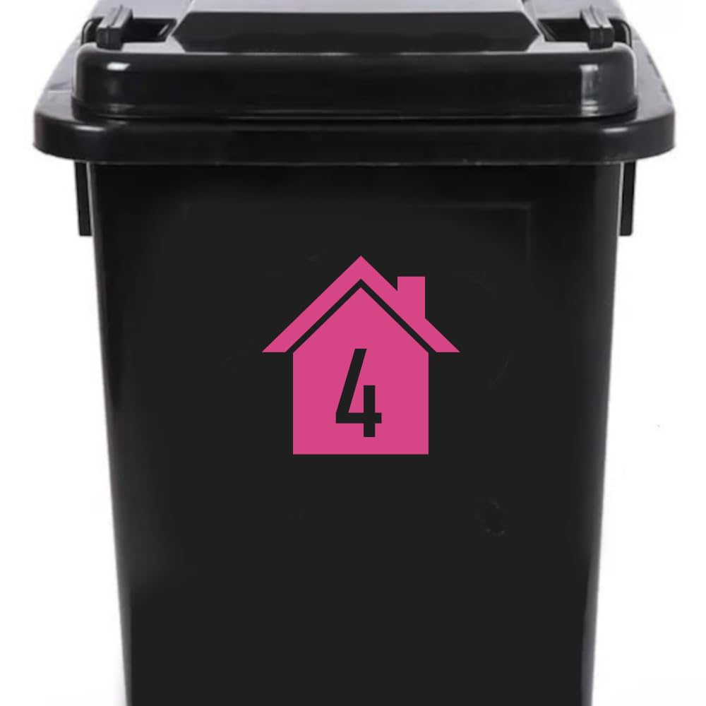 4 Pack House Number Silhouette Waterproof Wheelie Bin Stickers 14cm x 14cm (5.5" x 5.5") - Waterproof Vinyl Decal - Long Lasting - Easy to Clean (4, Pink)
