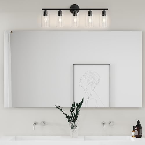 Image of Bathroom Vanity Light Fixtures Matte Black Bathroom Lighting Fixture, 5 Lights Bathroom Light Fixture Over Mirror, Modern Black Vanity Light, Wall Sconces with Glass Shades