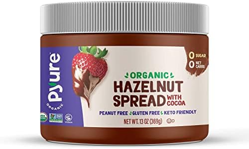 Pyure Organic Sugar Free Hazelnut Spread, Chocolate Hazelnut Spread, 0 Net Carbs Keto Snack, Gluten-Free, Peanut Free, Plant-Based Hazelnut Spread for Vegan Keto Friendly Food, 13oz