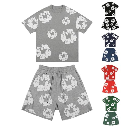 Negro Pantalon Corto,Conjunto Verano Hombre Mujeres Estampado Floral Cuello Redondo Camiseta De Manga Corta Y Pantalones Cortos con CordóN AlgodóN Traje De Deporte Gris Rojo s m l xxl
