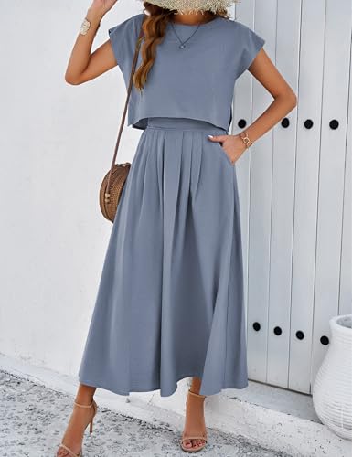 Image of Mingzhu Womens 2 Piece Outfits Skirt Set Summer Casual Cap Sleeve Crop Tops Maxi Dress Sets with Pockets