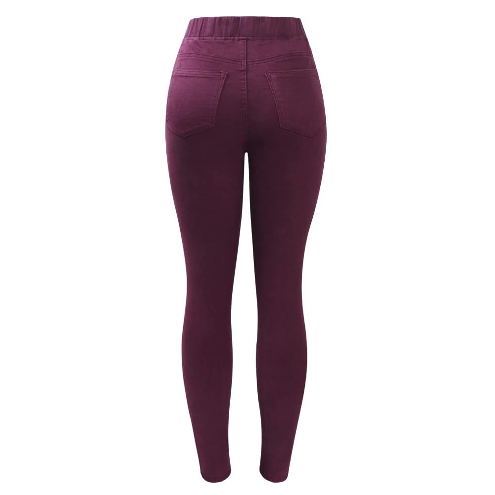 Dninmim Pantalon de moto taille haute plissé en denim pour femme - Rouge vin - Stretch skinny, bordeaux, XXXL