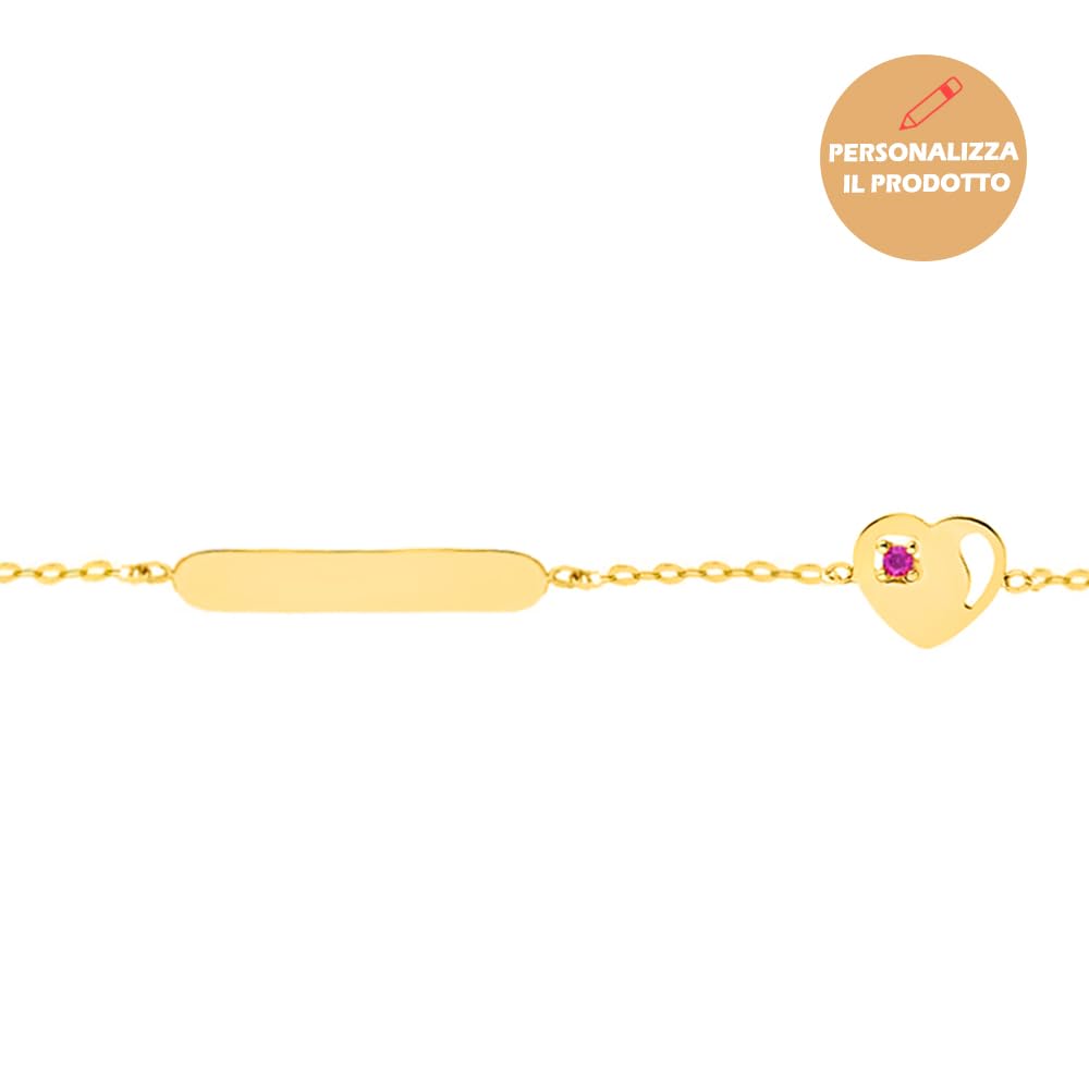 Sakrami Bracciale per Bambini Personalizzabile in Argento 925, Targa con Nome e Cuore con Zircone Fuxia, Placcato Oro o Rodio Regalo per Compleanno Comunione Cresima o Nascita Scatola