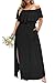 Women Plus Size Dresses for Wedding Guest Black Summer Off The Shoulder Maxi Ruffle Side Split Fit Flare Dress Pockets